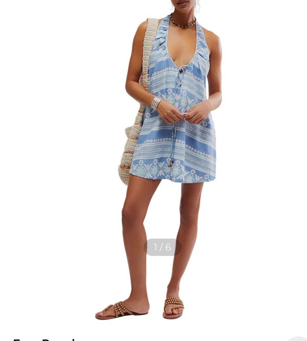 Free People Fisher Halter Linen Blend Mini Dress in Riverside Combo Coverup